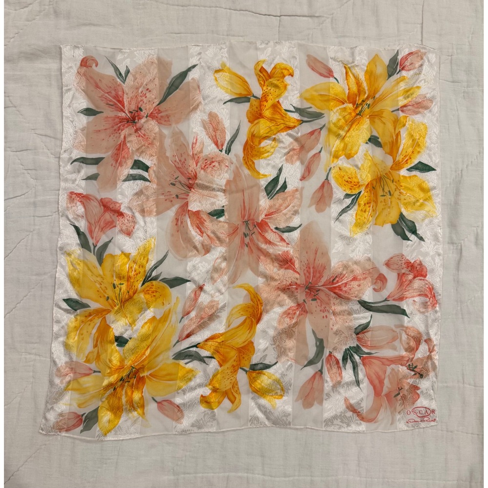 Oscar de la Renta Square Scarf Yellow Peach Lily Floral Sheer Stripe Designer